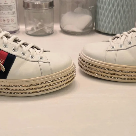 Gucci Women’s Ace Embellished Crystal White Sneakers 37 - Picture 6 of 9